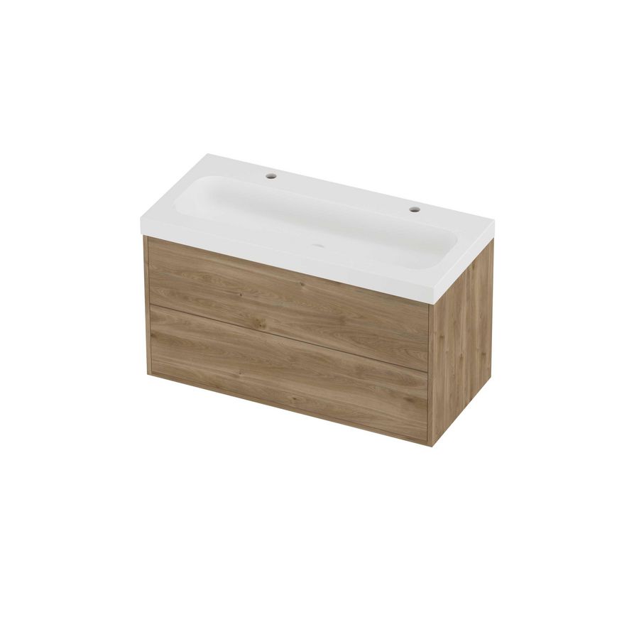 Haga Set polystone Mezza wastafel met 2 kraangaten en onderkast tbv grepen 2 laden symmetrisch in kader 1000x460x580mm matt White/Cider oak