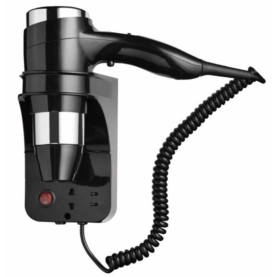 Wandhaardroger 1600W met stopcontact zwart/chroom HAIRDRYER