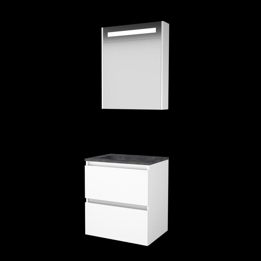 Set PREMIUM-46 onderkast ice white 60cm greeploos 2x la hardstenen wastafel z/ kraangat spiegelkast geïn. LED-verl. (P46GL60H0IW)