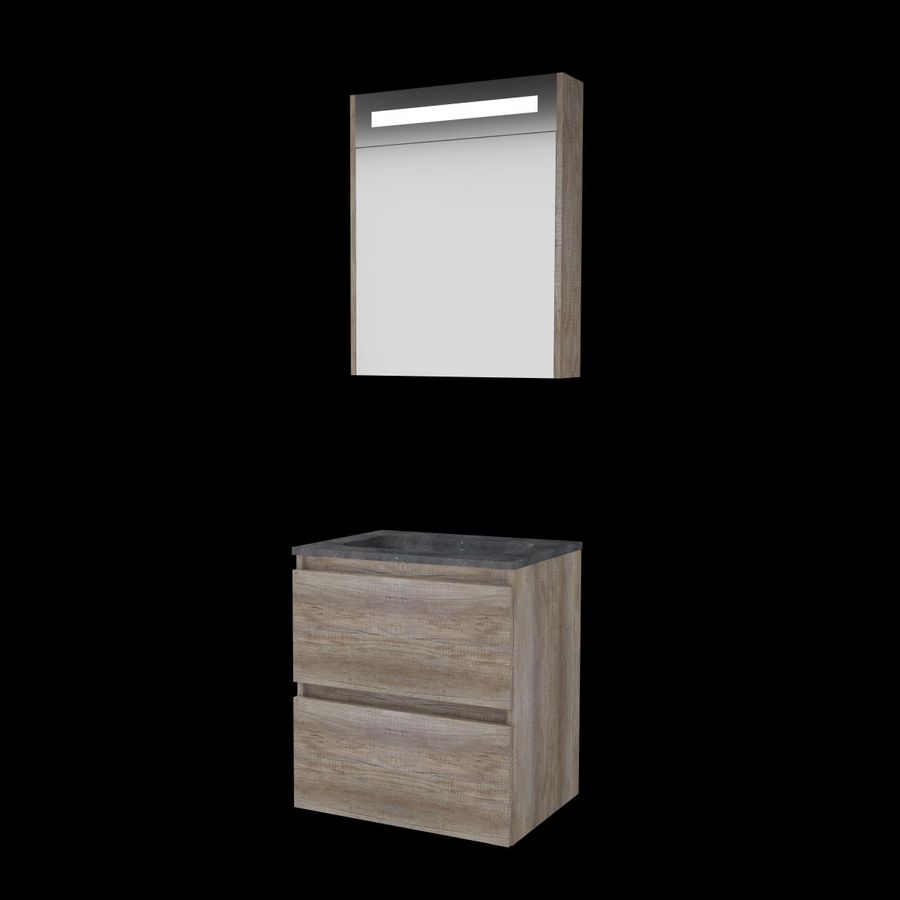 Set PREMIUM-46 onderkast scotch oak 60cm greeploos 2x la hardstenen wastafel z/ kraangat spiegelkast geïn. LED-verl. (P46GL60H0SO)