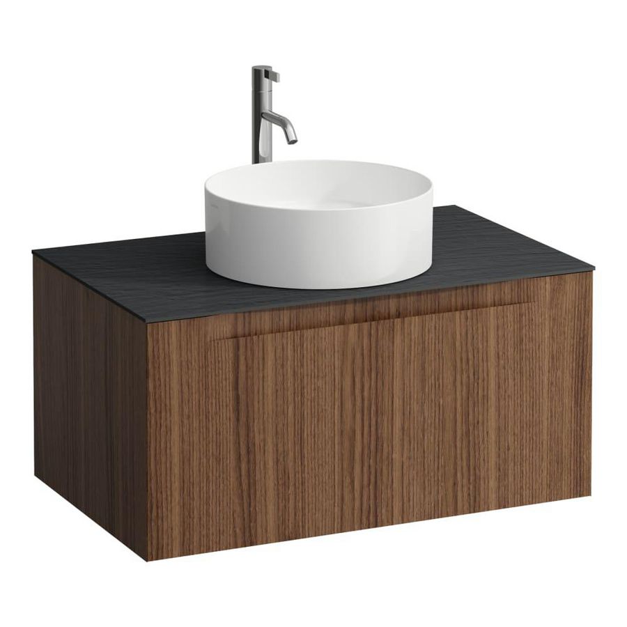 Wastafelonderkast ARUN 800mm 1x la met gecentreerde uitsparing Ardesia Nera top met kraangat Noce canaletto