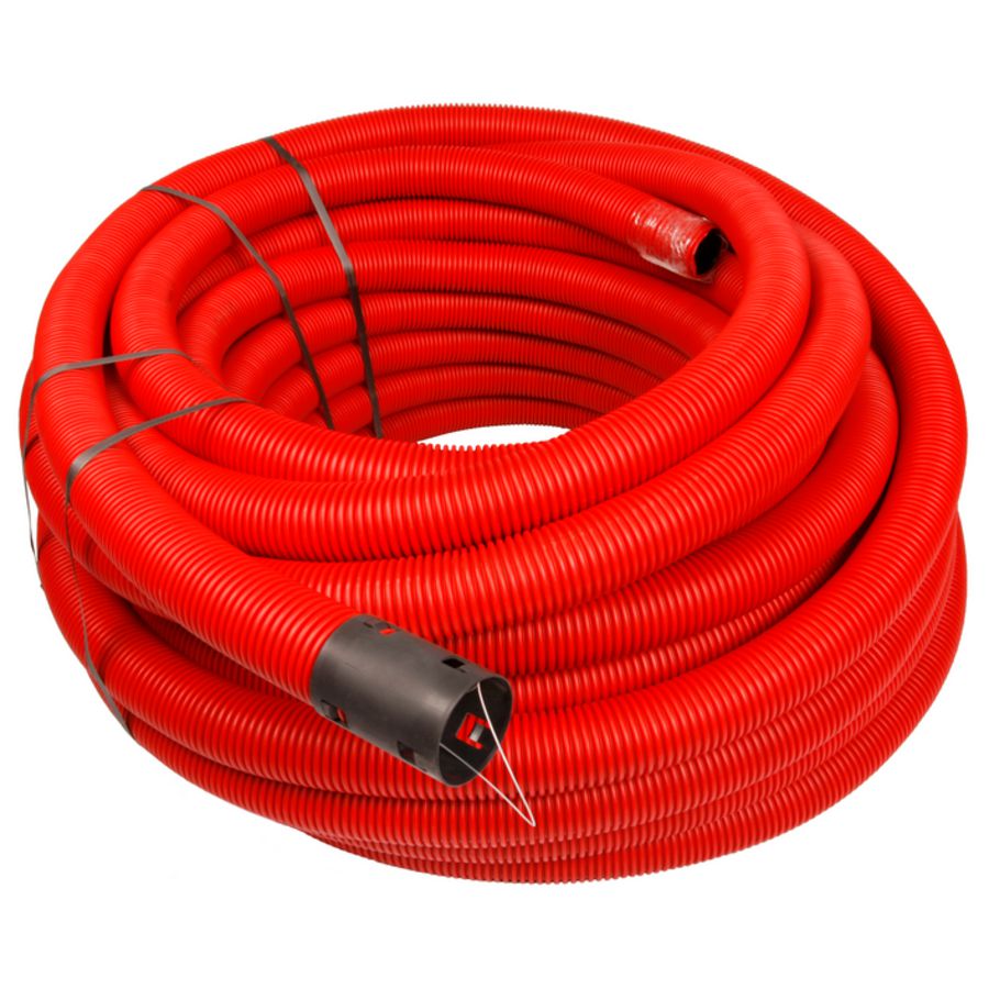 Rol a 50mtr. PE kabelbeschermbuis/ mantelbuis 125mm (107mm inw.) rood incl. mof + trekdraad