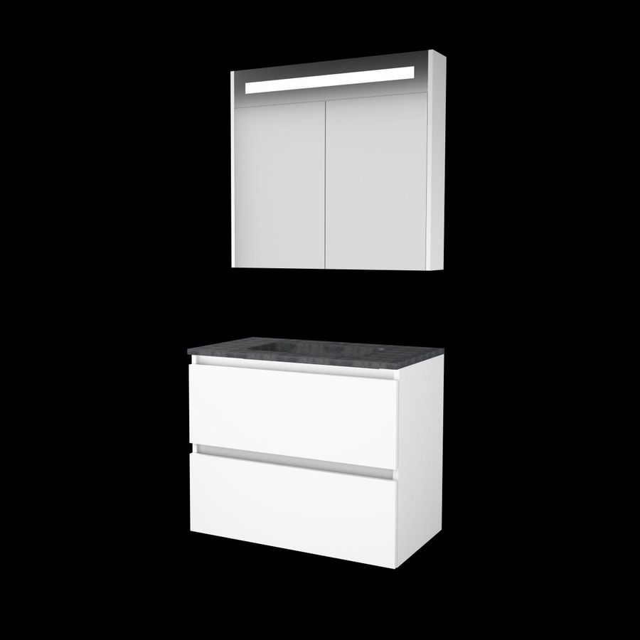 Set PREMIUM-46 onderkast ice white 80cm greeploos 2x la hardstenen wastafel 1x kraangat spiegelkast geïn. LED-verl. (P46GL80H1IW)