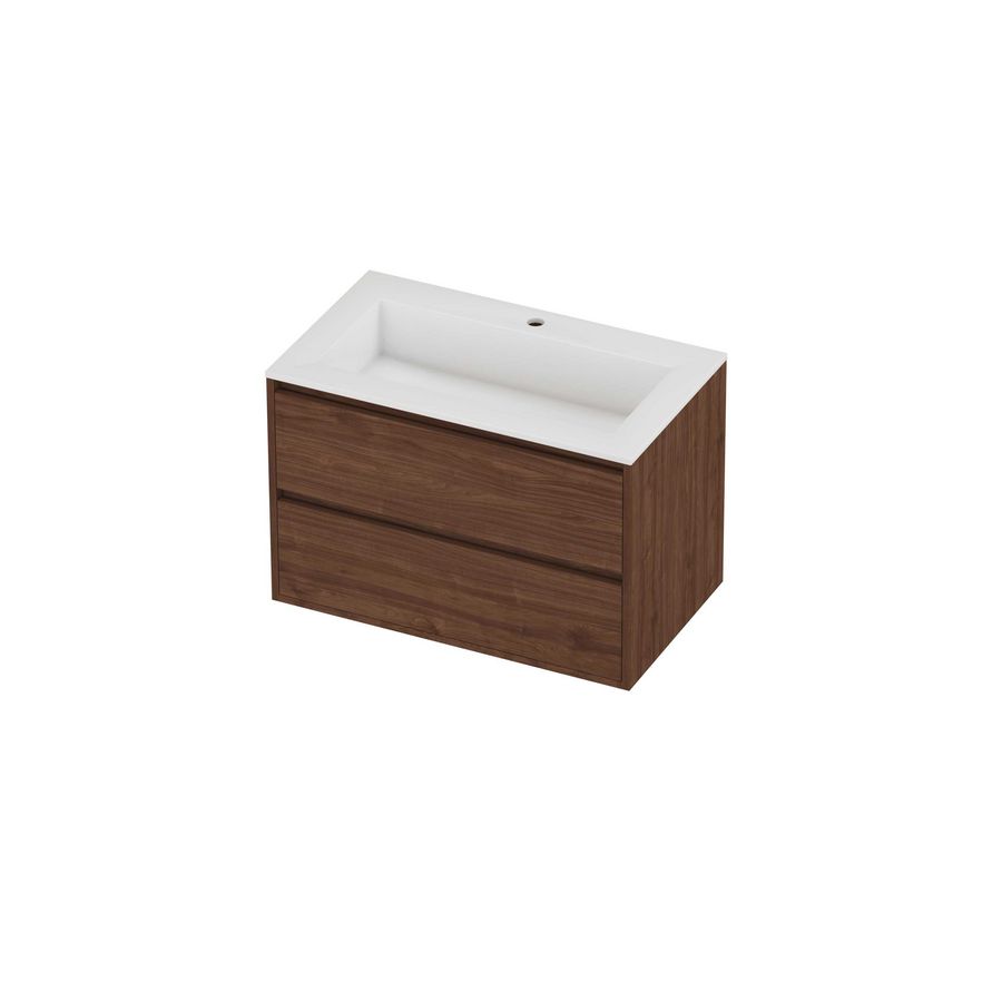Aristo Set polystone Elegant wastafel met 1 kraangat en onderkast greeploos 2 laden symmetrisch in kader 800x460x540mm glans wit/Indian walnut