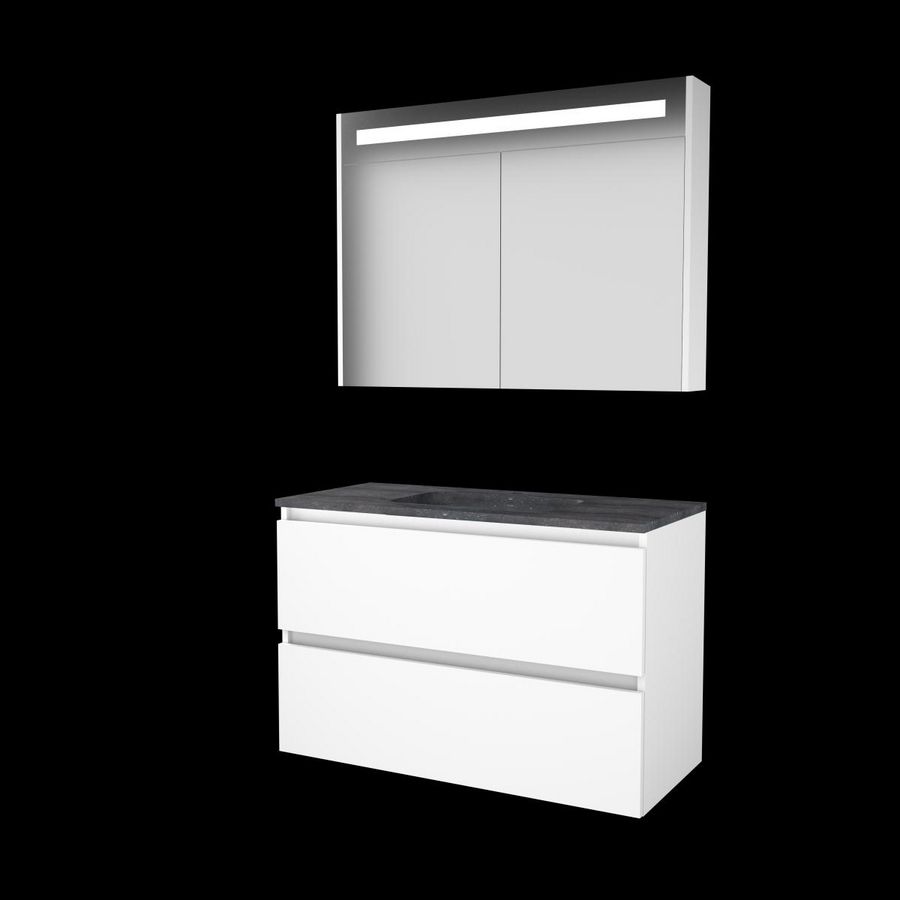 Set PREMIUM-46 onderkast ice white 100cm greeploos 2x la hardstenen wastafel 1x kraangat spiegelkast geïn. LED-verl. (P46GL100H1IW)