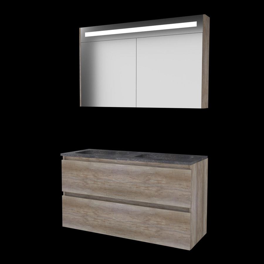 Set PREMIUM-46 onderkast scotch oak 120cm greeploos 2x la hardstenen wastafel z/ kraangat spiegelkast geïn. LED-verl. (P46GL1202H0SO)