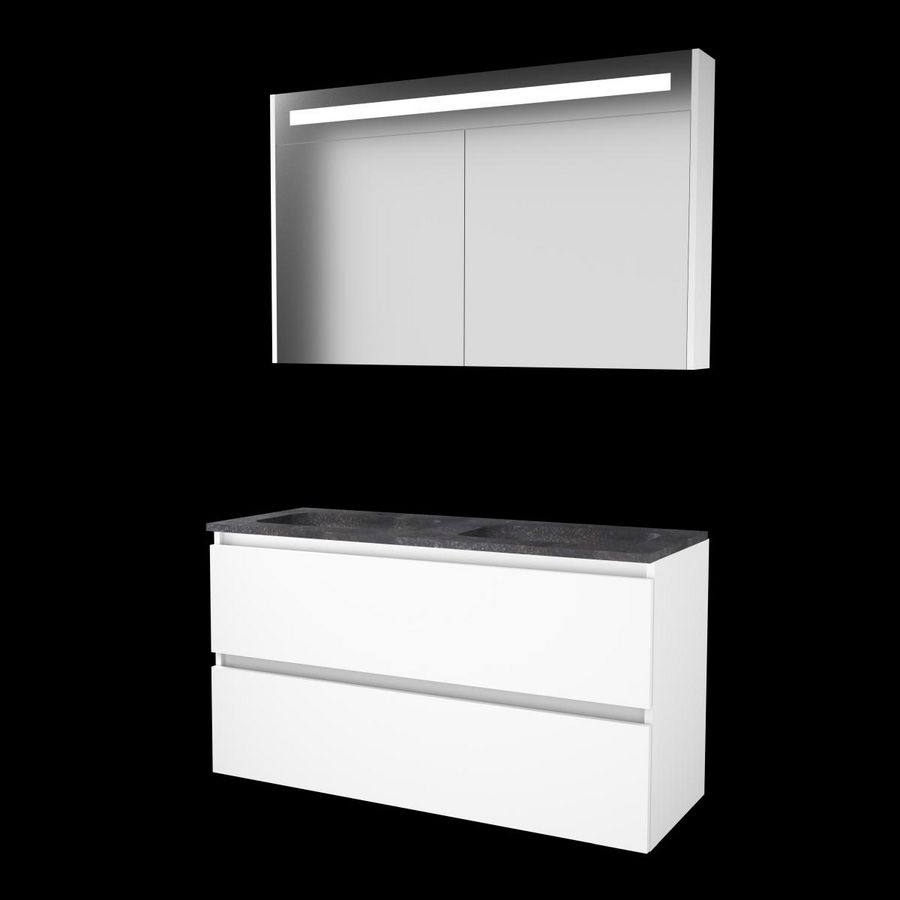 Set PREMIUM-46 onderkast ice white 120cm greeploos 2x la hardstenen wastafel 2x kraangat spiegelkast geïn. LED-verl. (P46GL1202H2IW)
