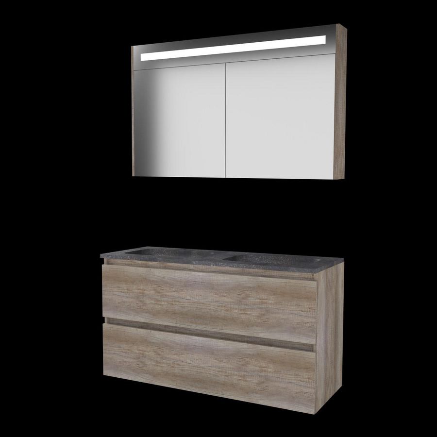 Set PREMIUM-46 onderkast scotch oak 120cm greeploos 2x la hardstenen wastafel 2x kraangat spiegelkast geïn. LED-verl. (P46GL1202H2SO)