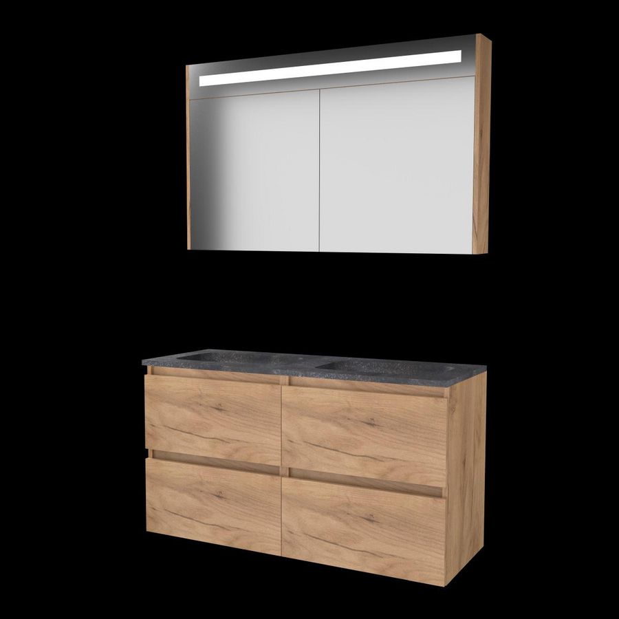 Set PREMIUM-46 onderkast whisky oak 120cm (2x 60cm) greeploos 4x la hardstenen wastafel z/ kraangat spiegelkast geïn. LED-verl. (P46GL120H0WO)