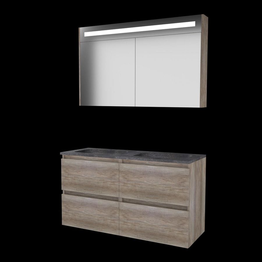 Set PREMIUM-46 onderkast scotch oak 120cm (2x 60cm) greeploos 4x la hardstenen wastafel 2x kraangat spiegelkast geïn. LED-verl. (P46GL120H2SO)