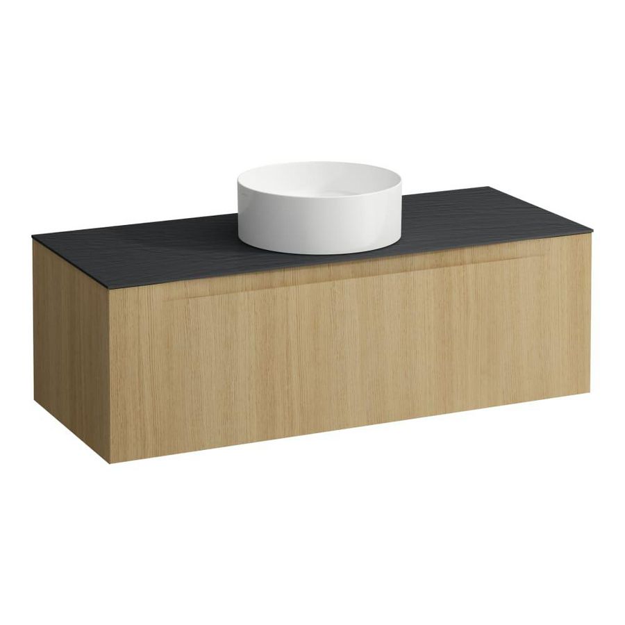 Wastafelonderkast ARUN 1200mm 1x la met gecentreerde uitsparing Ardesia Nera top Licht eiken