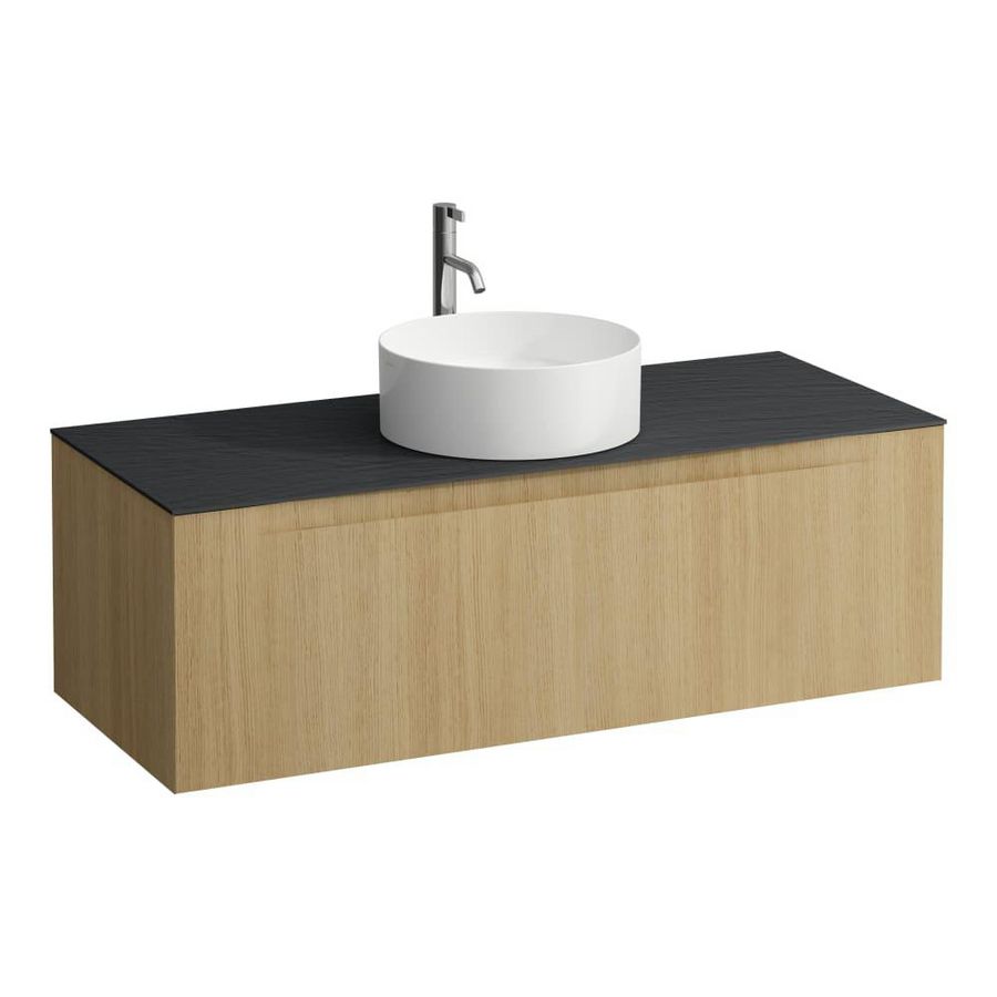 Wastafelonderkast ARUN 1200mm 1x la met gecentreerde uitsparing Ardesia Nera top met kraangat Licht eiken