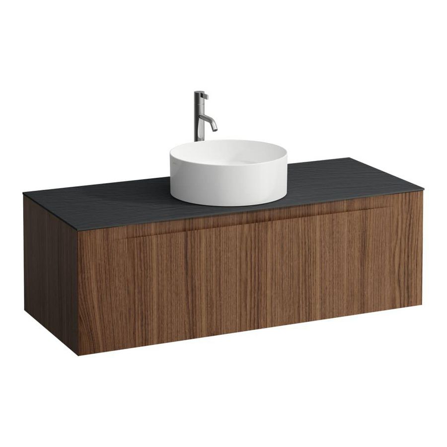 Wastafelonderkast ARUN 1200mm 1x la met gecentreerde uitsparing Ardesia Nera top met kraangat Noce canaletto