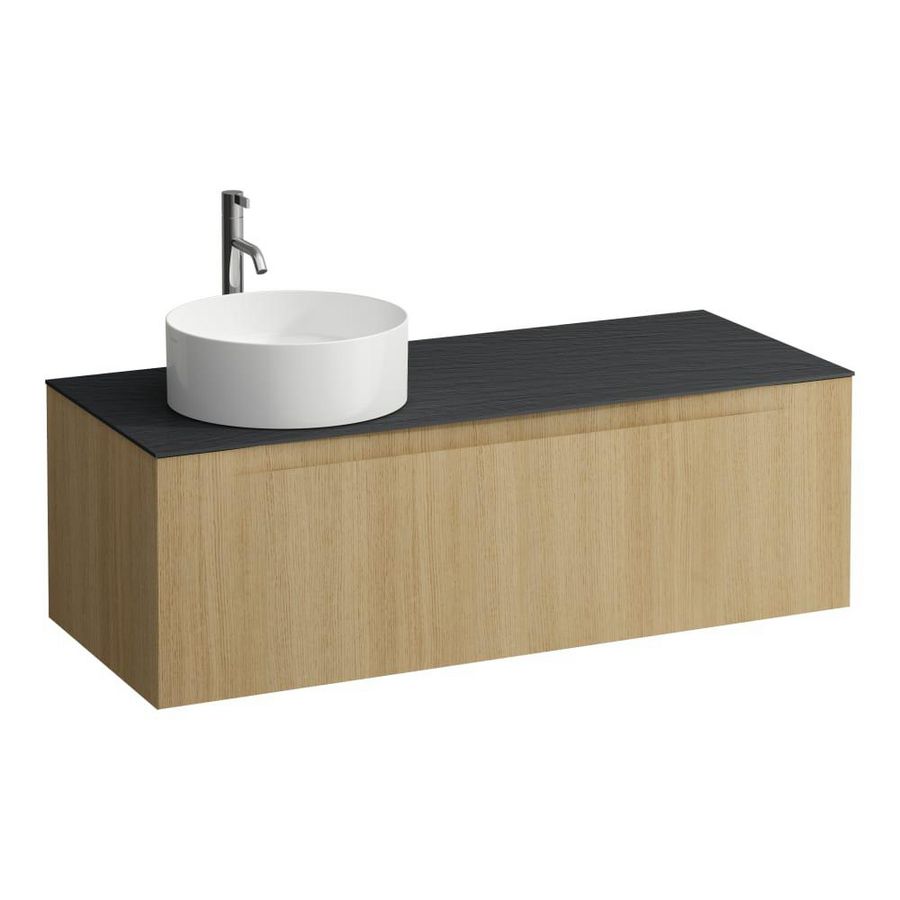 Wastafelonderkast ARUN 1200mm 1x la met uitsparing links Ardesia Nera top met kraangat Licht eiken