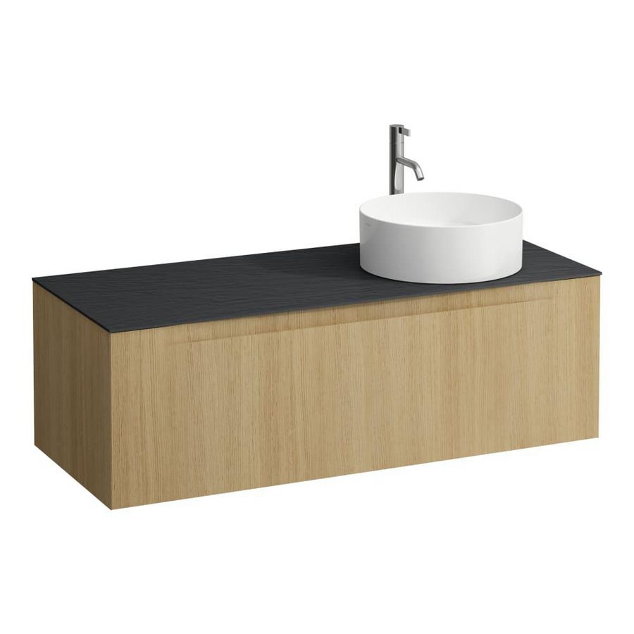 Wastafelonderkast ARUN 1200mm 1x la met uitsparing rechts Ardesia Nera top met kraangat Licht eiken