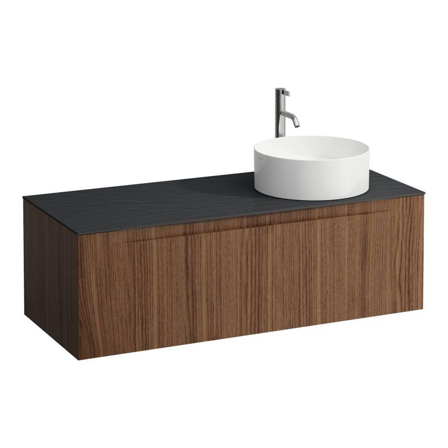 Wastafelonderkast ARUN 1200mm 1x la met uitsparing rechts Ardesia Nera top met kraangat Noce canaletto