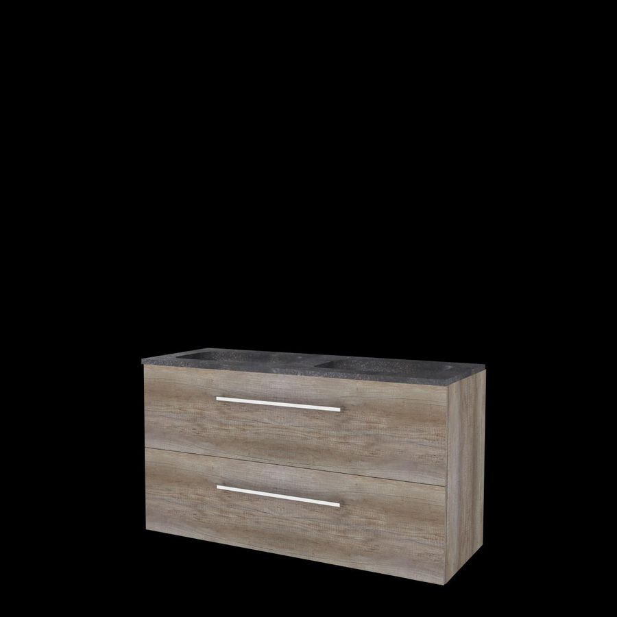 Set START-46 onderkast scotch oak 120cm grepen chroom 2x la hardstenen wastafel z/ kraangat (S46GR1202H0SO)