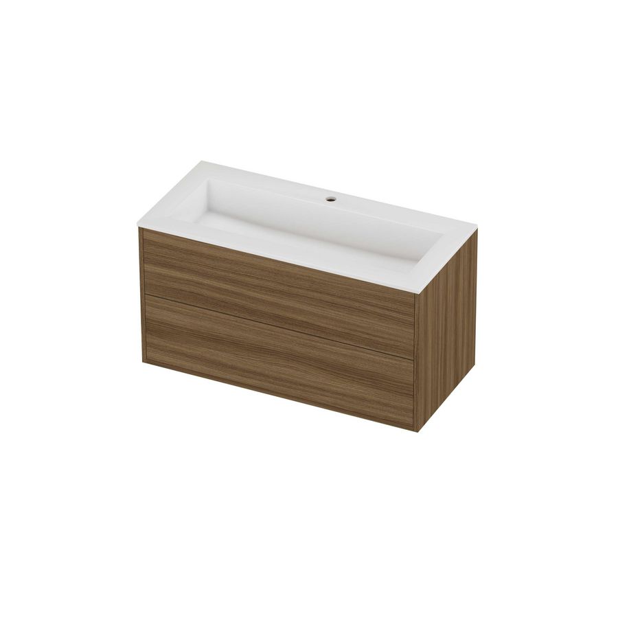 Aristo Set polystone Elegant wastafel met 1 kraangat en onderkast tbv grepen 2 laden symmetrisch in kader 1000x460x540mm glans wit/Caramel walnut