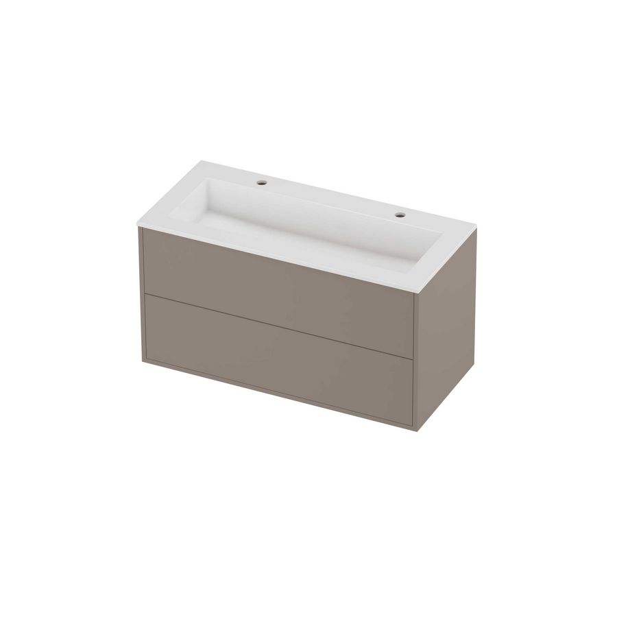 Aristo Set polystone Elegant wastafel met 2 kraangaten en onderkast tbv grepen 2 laden symmetrisch in kader 1000x460x540mm glans wit/Clay beige