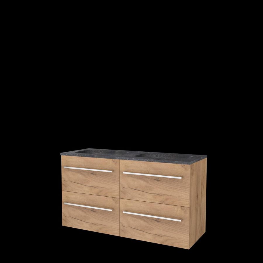 Set START-46 onderkast whisky oak 120cm (2x 60cm) grepen chroom 4x la hardstenen wastafel z/ kraangat (S46GR120H0WO)