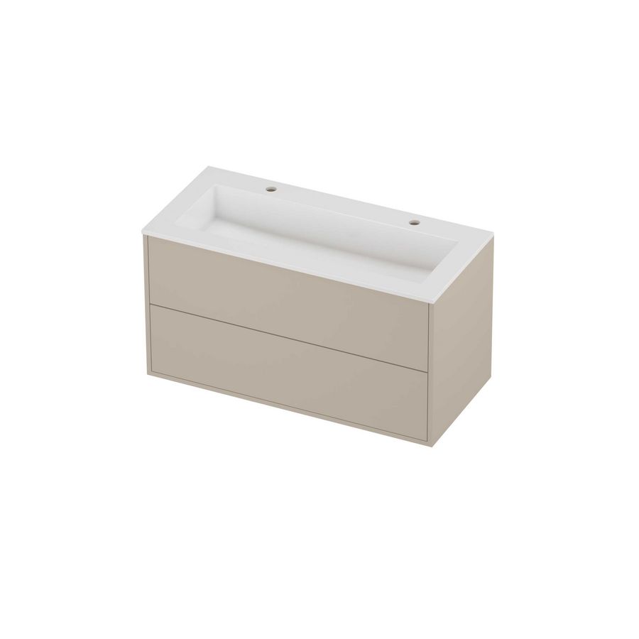 Aristo Set polystone Elegant wastafel met 2 kraangaten en onderkast tbv grepen 2 laden symmetrisch in kader 1000x460x540mm glans wit/Soft linen