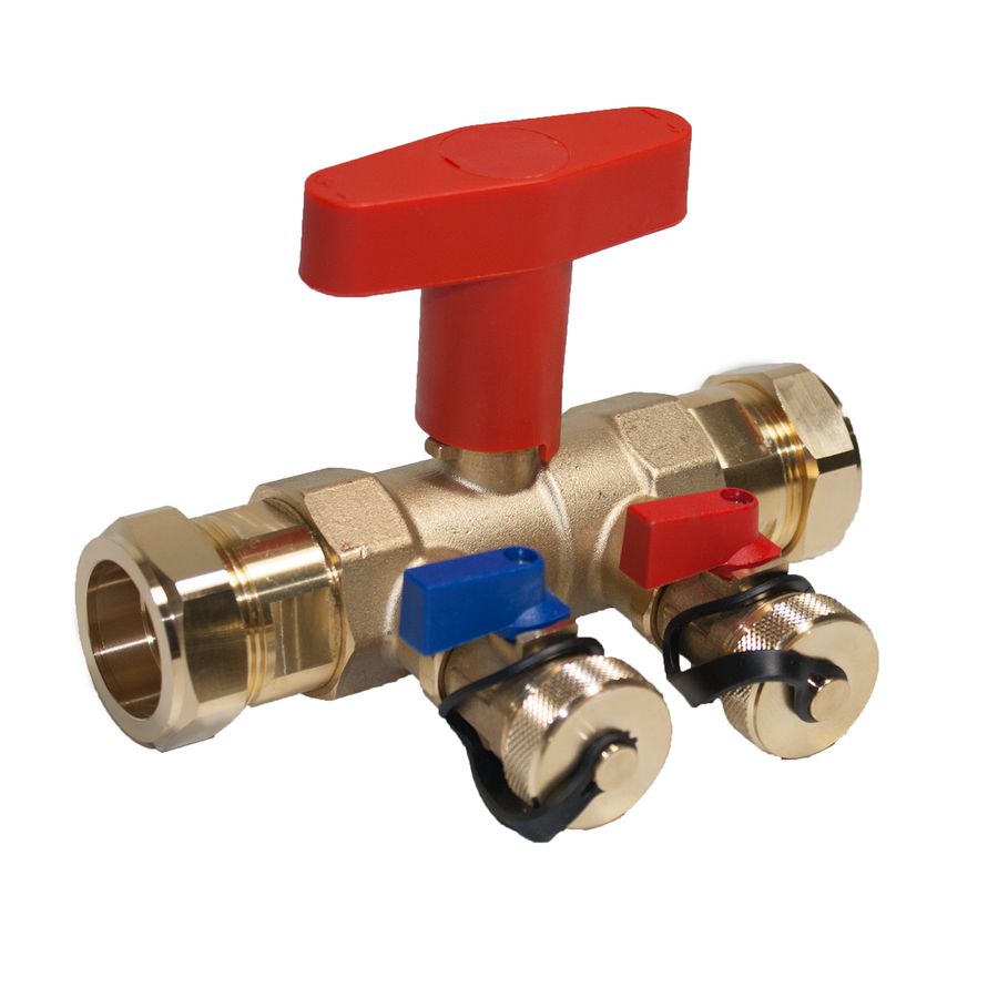 Spoel- en vul/aftapkraan solar/geothermie 28mm knel + 2x aansluiting 3/4" met stop (kleine blauwe hendel)