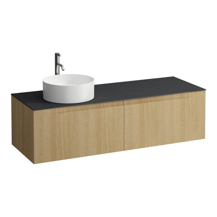Wastafelonderkast ARUN 1400mm 2x la met uitsparing links Ardesia Nera top met kraangat Licht eiken
