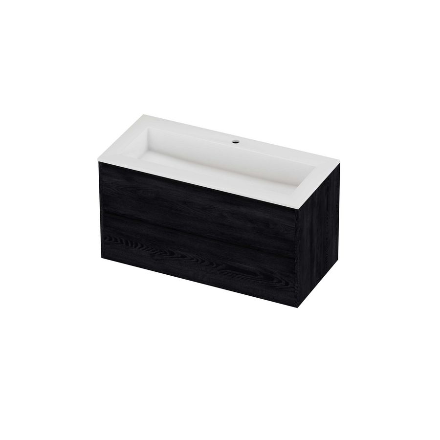 Aristo Set polystone Elegant wastafel met 1 kraangat en onderkast greeploos 2 laden symmetrisch in kader 1000x460x540mm glans wit/Black oak