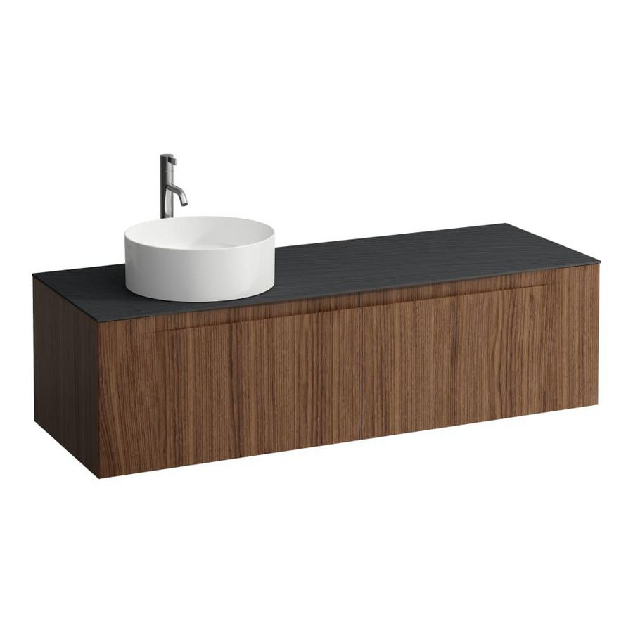 Wastafelonderkast ARUN 1400mm 2x la met uitsparing links Ardesia Nera top met kraangat Noce canaletto