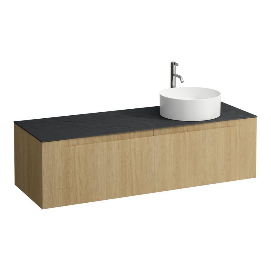 Wastafelonderkast ARUN 1400mm 2x la met uitsparing rechts Ardesia Nera top met kraangat Licht eiken