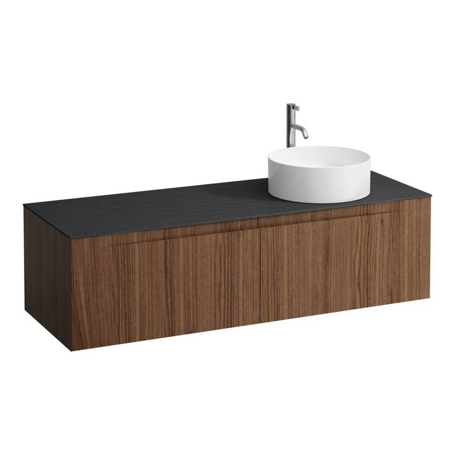 Wastafelonderkast ARUN 1400mm 2x la met uitsparing rechts Ardesia Nera top met kraangat Noce canaletto