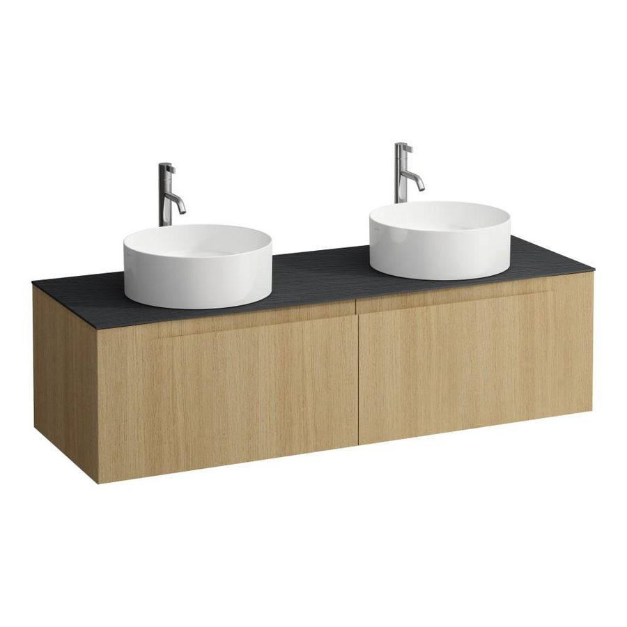 Wastafelonderkast ARUN 1400mm 2x la met uitsparing links + rechts Ardesia Nera top met kraangat Licht eiken