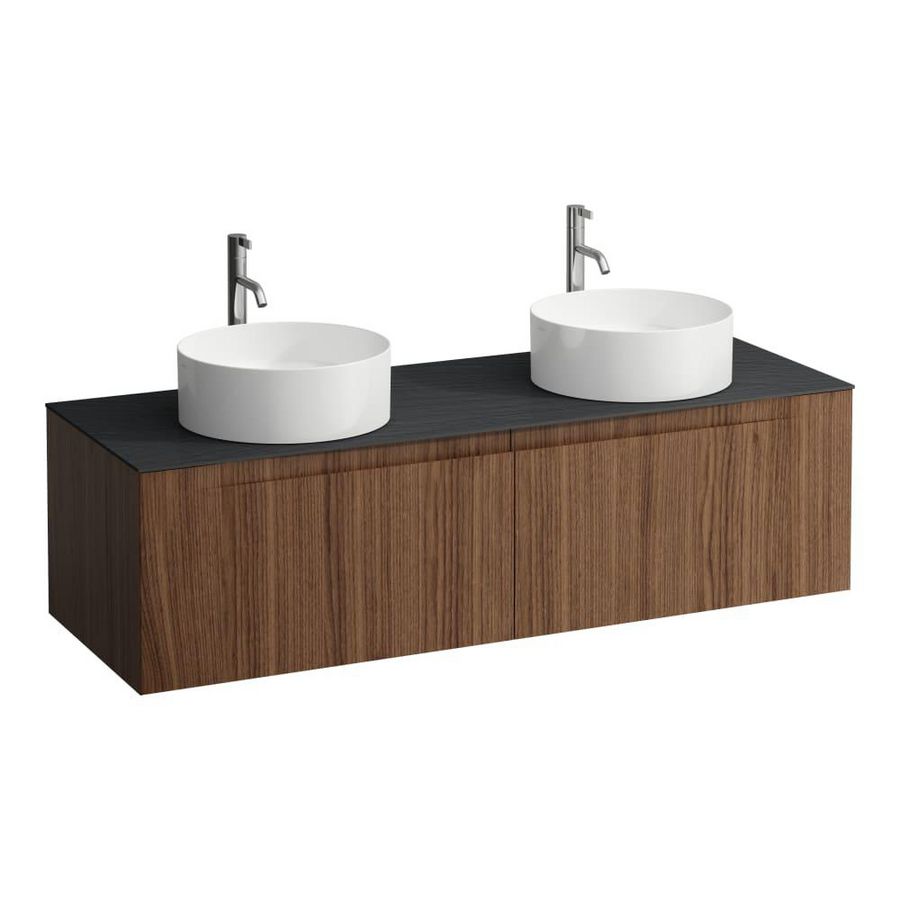 Wastafelonderkast ARUN 1400mm 2x la met uitsparing links + rechts Ardesia Nera top met kraangat Noce canaletto