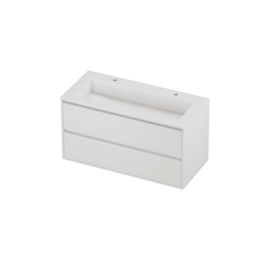 Aristo Set polystone Elegant wastafel met 2 kraangaten en onderkast greeploos 2 laden symmetrisch in kader 1000x460x540mm glans wit/matt white