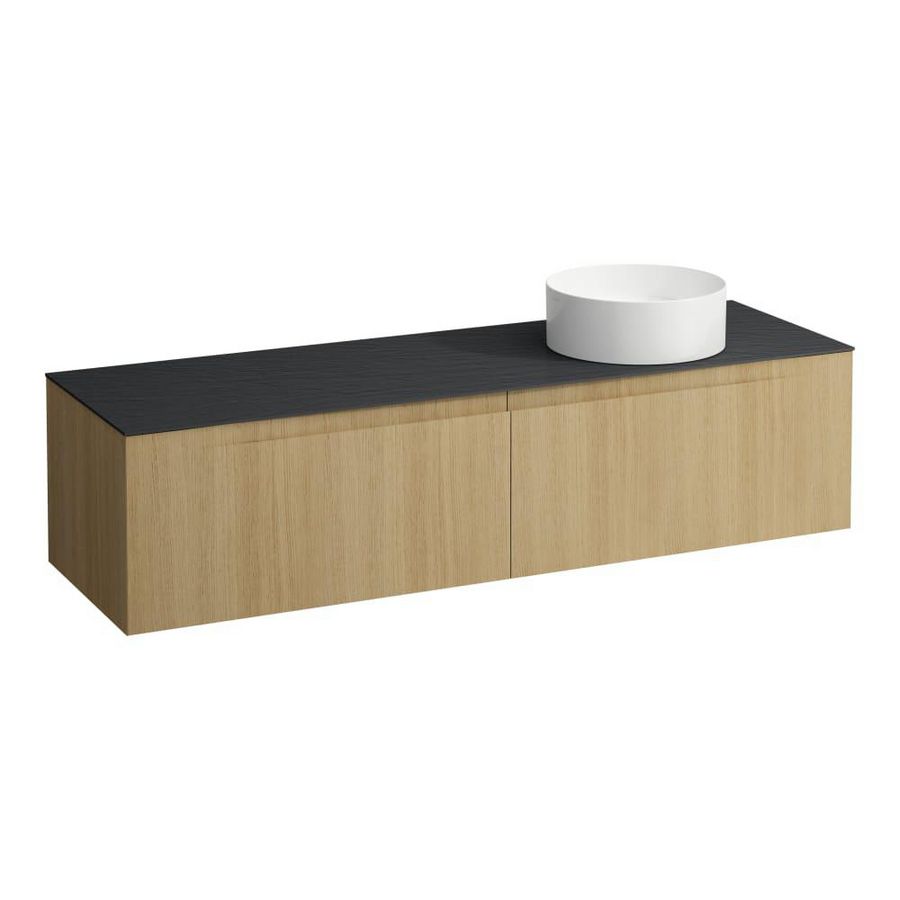 Wastafelonderkast ARUN 1600mm 2x la met uitsparing rechts Ardesia Nera top Licht eiken