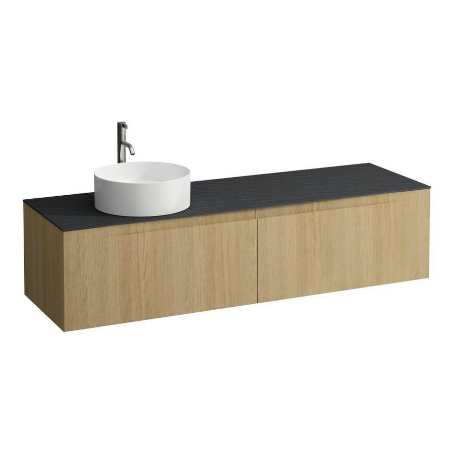 Wastafelonderkast ARUN 1600mm 2x la met uitsparing links Ardesia Nera top met kraangat Licht eiken