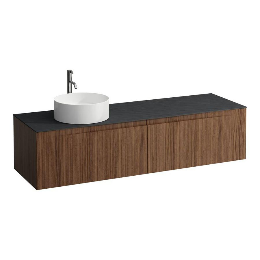 Wastafelonderkast ARUN 1600mm 2x la met uitsparing links Ardesia Nera top met kraangat Noce canaletto