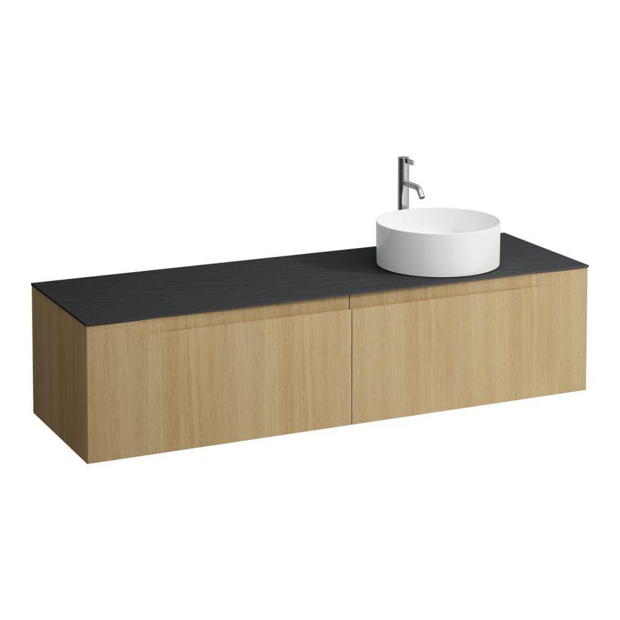Wastafelonderkast ARUN 1600mm 2x la met uitsparing rechts Ardesia Nera top met kraangat Licht eiken