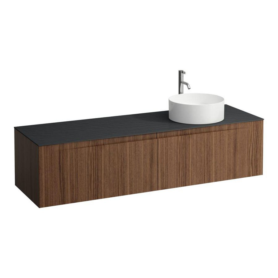 Wastafelonderkast ARUN 1600mm 2x la met uitsparing rechts Ardesia Nera top met kraangat Noce canaletto