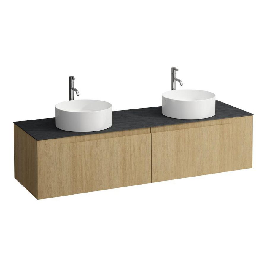 Wastafelonderkast ARUN 1600mm 2x la met uitsparing links + rechts Ardesia Nera top met kraangat Licht eiken