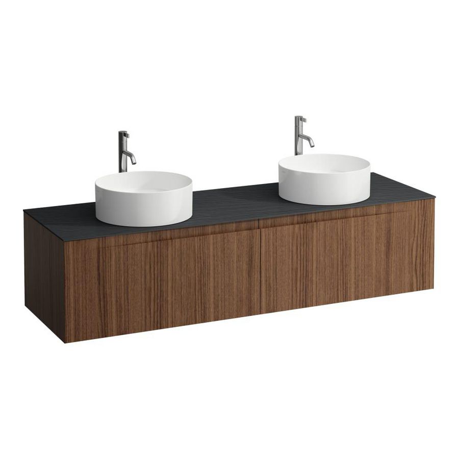 Wastafelonderkast ARUN 1600mm 2x la met uitsparing links + rechts Ardesia Nera top met kraangat Noce canaletto