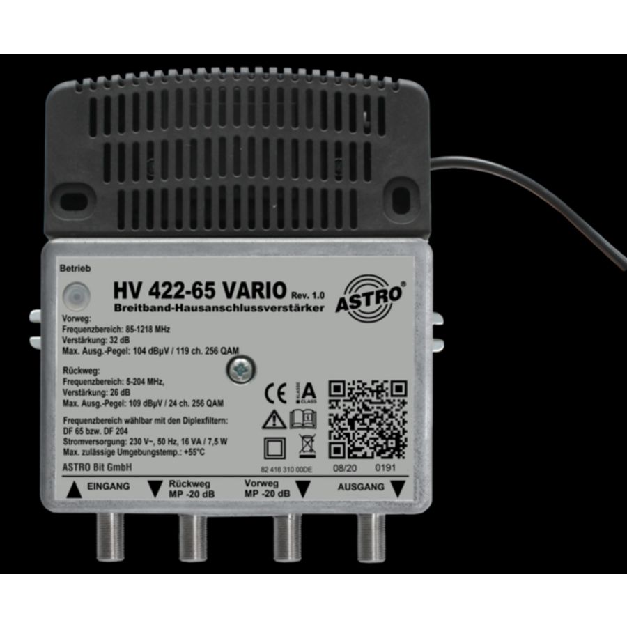 Breedbandversterker 85 – 1218 MHz versterking 32dB F aansluitingRetour 30dB instelling met jumpers.