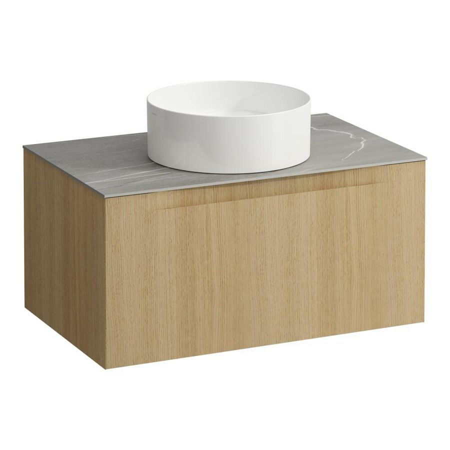 Wastafelonderkast ARUN 800mm 1x la met gecentreerde uitsparing Piasentina Grigio top Licht eiken