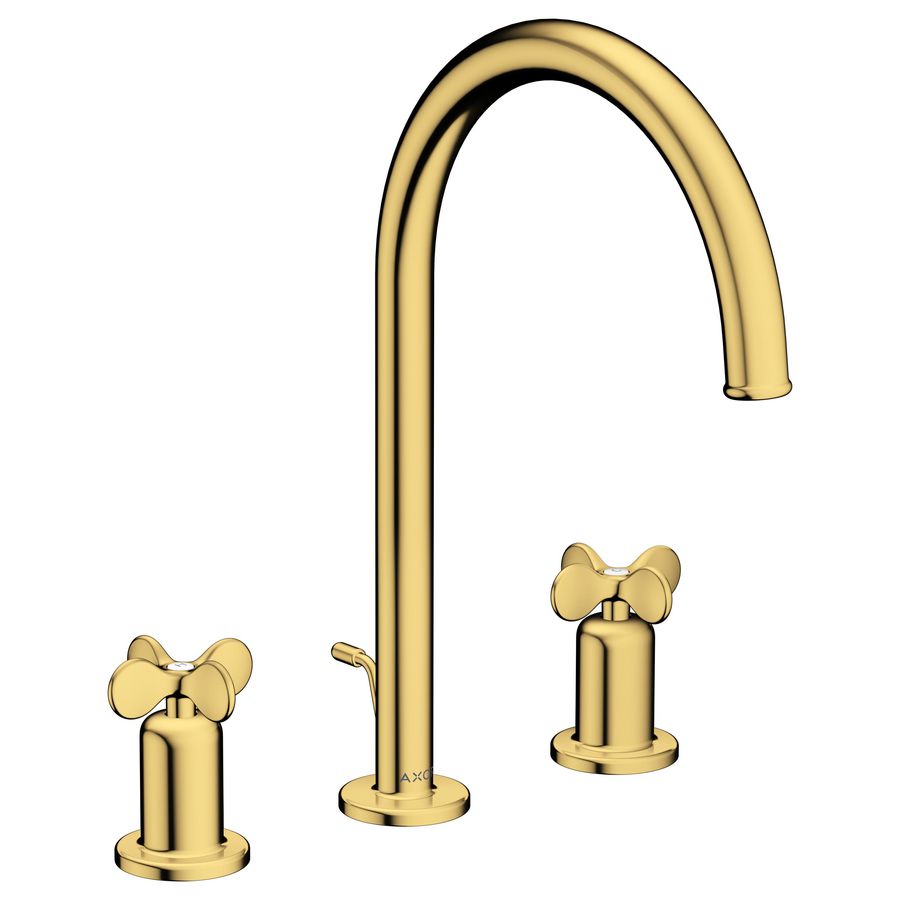 AXOR Archivio 3-gats wastafelkraan 190 met kruisgrepen en pop-up afvoer Polished Gold Optic