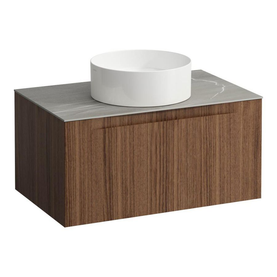 Wastafelonderkast ARUN 800mm 1x la met gecentreerde uitsparing Piasentina Grigio top Noce canaletto