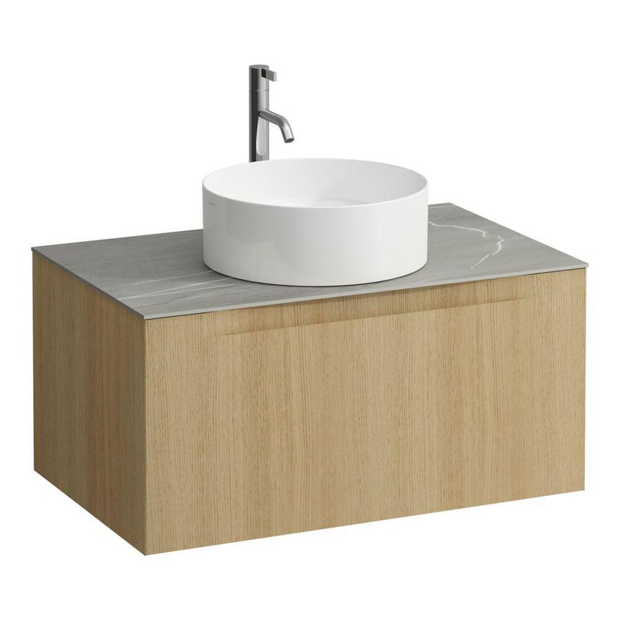 Wastafelonderkast ARUN 800mm 1x la met gecentreerde uitsparing Piasentina Grigio top met kraangat Licht eiken