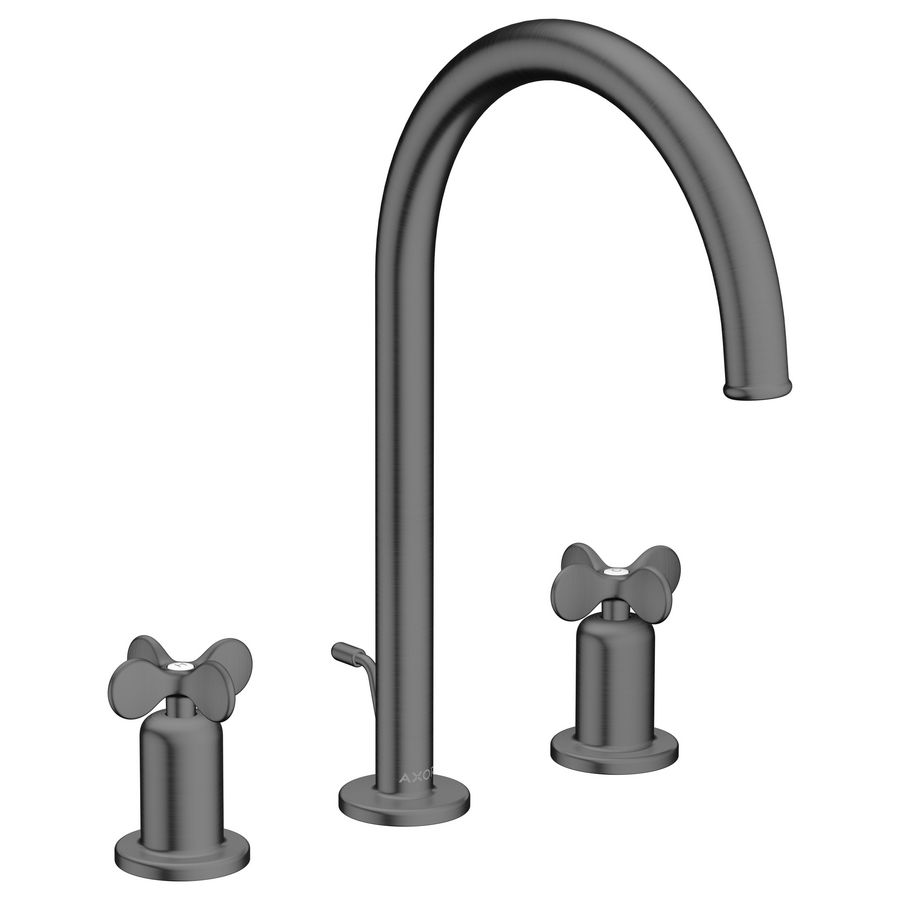 AXOR Archivio 3-gats wastafelkraan 190 met kruisgrepen en pop-up afvoer Brushed Black Chrome