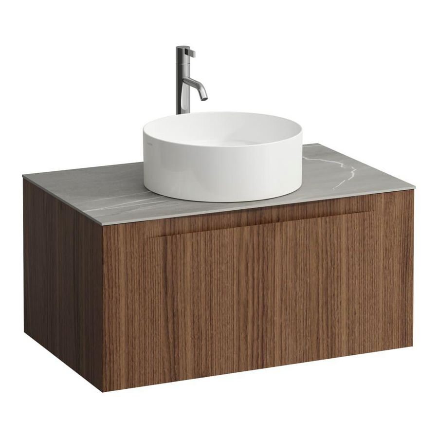 Wastafelonderkast ARUN 800mm 1x la met gecentreerde uitsparing Piasentina Grigio top met kraangat Noce canaletto