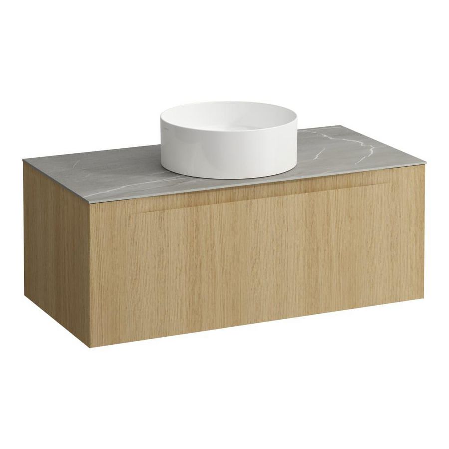 Wastafelonderkast ARUN 1000mm 1x la met gecentreerde uitsparing Piasentina Grigio top Licht eiken