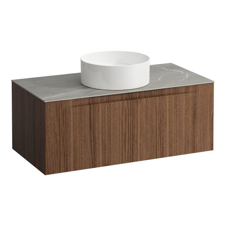 Wastafelonderkast ARUN 1000mm 1x la met gecentreerde uitsparing Piasentina Grigio top Noce canaletto
